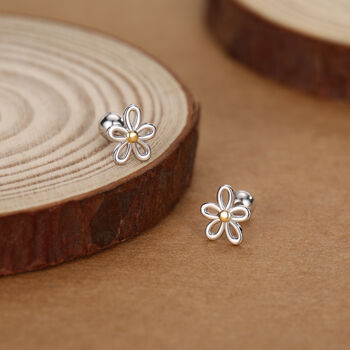 Sterling Silver Two Tone Daisy 18 G Screw Back Earrings, 3 of 10
