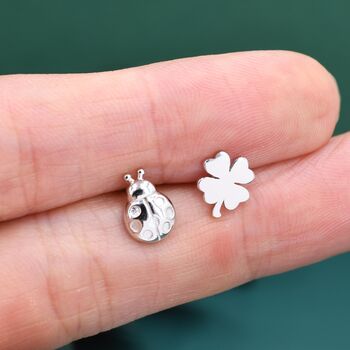 Sterling Silver Four Leaf Clover And Ladybird Stud Earrings, 7 of 12