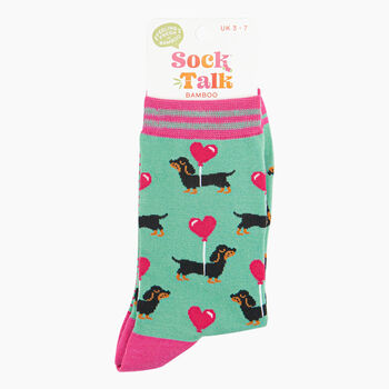 Women's Bamboo Socks Mint Sausage Dog Love Heart Balloon, 4 of 4