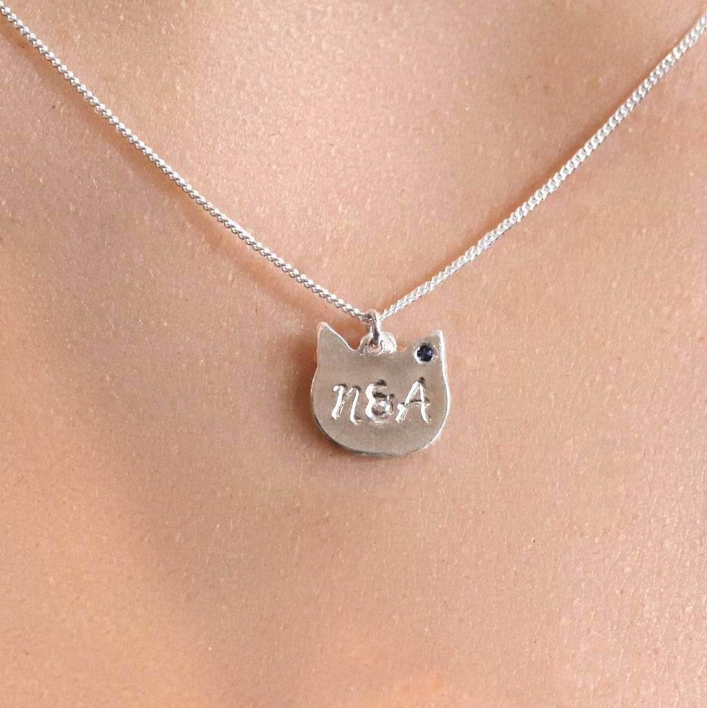 Personalised Silver Cat Necklace With Birthstones By Lushchic x ...