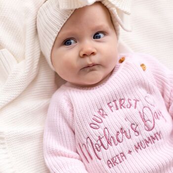 Our First Father's Day Embroidered Personalised Baby Cardigan Three Colours Available, 7 of 7