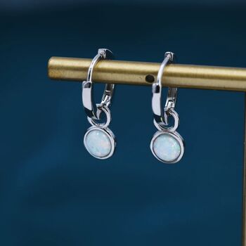 Sterling Silver Dangling White Opal Hoop Earrings, 2 of 12