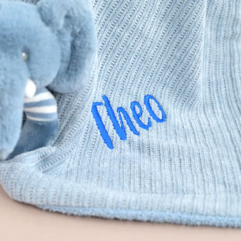 Personalised Blue Knitted Baby Blanket And Elephant Rattle Gift Set, 8 of 12