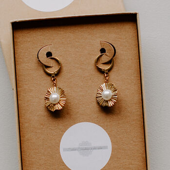 Mini Gold Sunburst And Pearl Hoop Bridal Earrings, 3 of 4