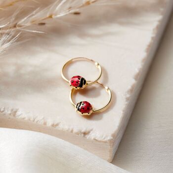Enamel Ladybird 9ct Gold Hoop Earrings, 3 of 5