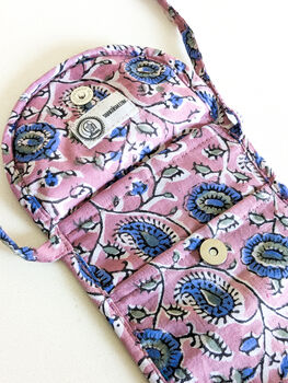 Block Print Mobile Phone Purse Fair Trade Crossbody Bag, 5 of 6
