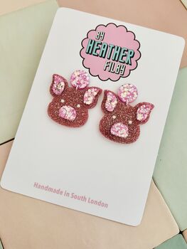 Pink Glitter Pig Earrings / Cute Farm Animal Jewellery Pink Pig Lover Gift / Young Farmer Gift Agriculture Teacher Jewellery / Lucky Pig Charm Jewellery Whimsical Pink Statement, 5 of 5