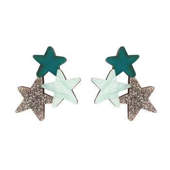 Star Earrings In Silver And Teal Glitter Acrylic, 3 of 4