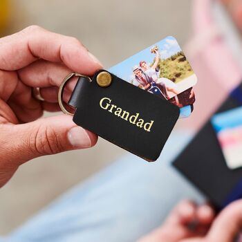 Personalised Leather Keyring For Grandad With Four Metal Photo Cards With Hot Stamped Initials, Name Or Date, 2 of 8