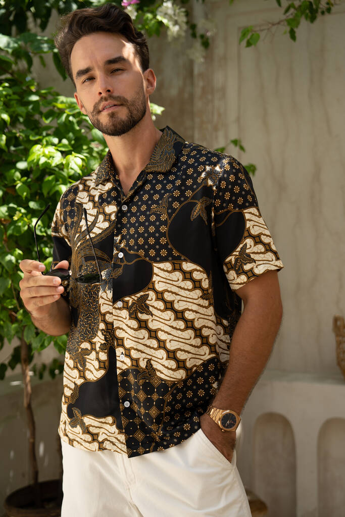 Men's Black Satin Batik Cuban Shirt, 1 of 7