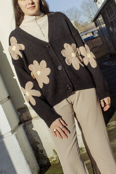 Black Crochet Applique Brown Floral Cardigan, 7 of 10