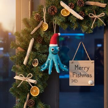 Christmas Octopus Fair Trade Handmade Felt Decoration, 9 of 9
