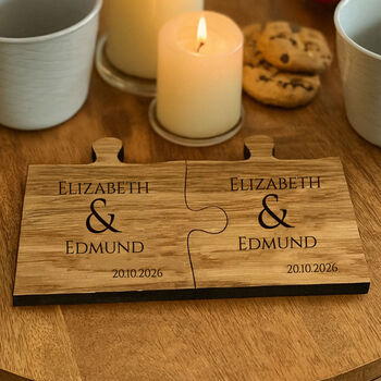 Personalised Wooden Jigsaw Coasters With Names Couples, 4 of 4