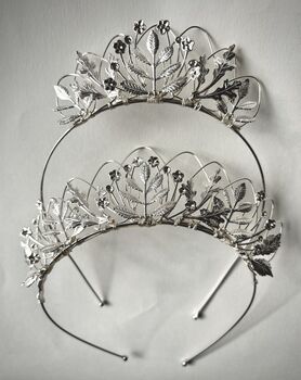 The Agatha Mini Crown Flower Girl Bridal Pearl Oak Leaf Tiara Headband, 4 of 11