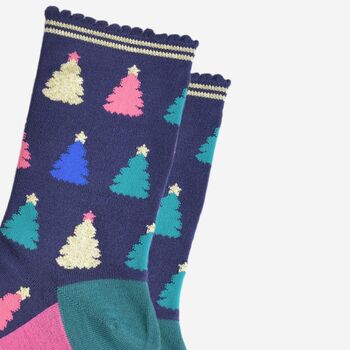 Women's Bamboo Socks Navy Blue Christmas Tree, 3 of 5