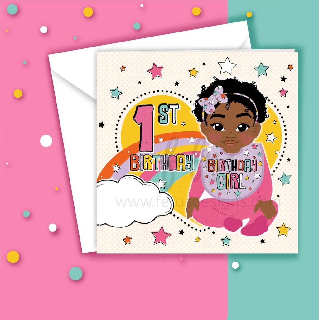 1st Birthday Card – Black Baby Girl Illustration, 1 of 1