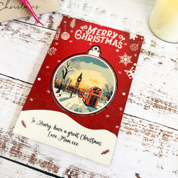 Personalised Red London Christmas Keepsake Card And Bauble Set, 5 of 5