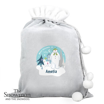 Personalised The Snowman And The Snowdog Luxury Silver Grey Pom Pom Christmas Sack, 3 of 3