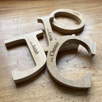 Personalised New Baby Raw Oak Letter, 3 of 4