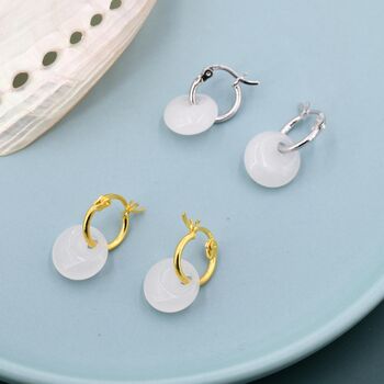 Sterling Silver Genuine White Jade Donut Huggie Hoop Earrings, 7 of 11