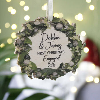 First Christmas Engaged Wooden Wreath Decoration Ornament, 3 of 6