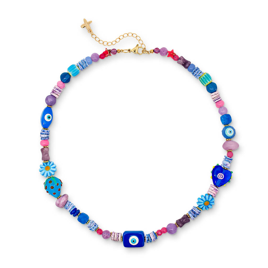 Blue And Purple Natural Stone Beaded Charm Necklace