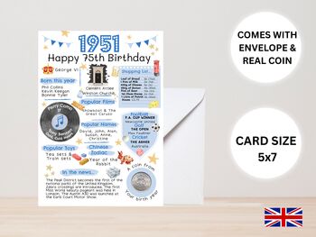 75th Birthday Card With 1951 Coin And Envelope Choose Your Colour, 3 of 3