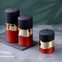 G Decor Midnight Mirror Glass Effect Limited Edition Hand Finished Pillar Candle – Matte Black, Deep Red And Mirror Gold Embellishment, thumbnail 1 of 4