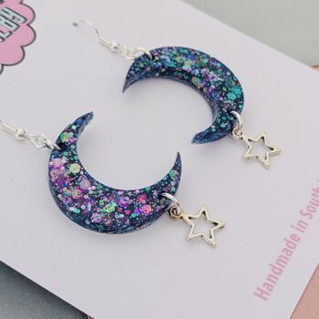 Sparkly Moon And Star Glitter Resin Earrings, 2 of 8