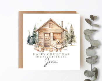 Personalised Christmas Woodland Cabin Scene Card, 3 of 4