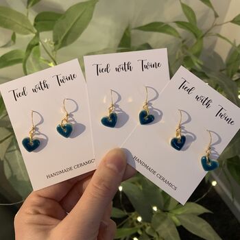 Small Green Blue Turquoise Ceramic Heart Earrings, 10 of 10
