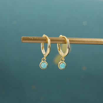 Sterling Silver Hoops With Tiny Dangling 3mm Green Opal, 2 of 12
