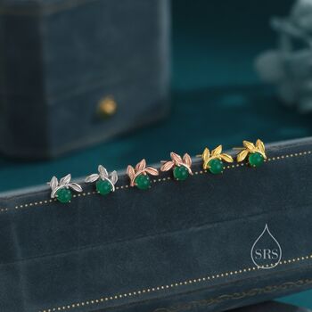 Sterling Silver Tiny Leaf With Natural Green Onyx Stud Earrings, 11 of 12