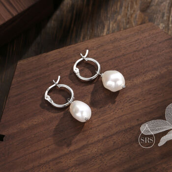 Sterling Silver Detachable Baroque Pearl Charms Huggie Hoop Earrings, 4 of 12