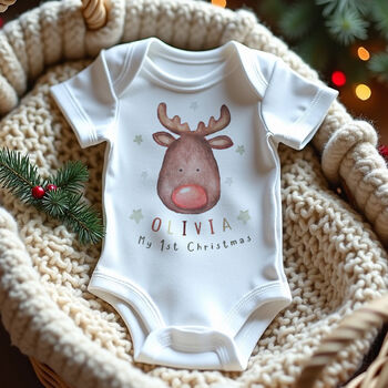 Personalised Baby’s First Christmas Outfit – Watercolour Reindeer, 2 of 5