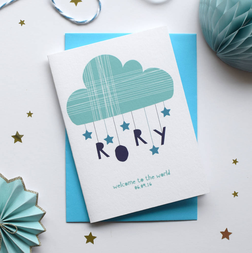 Personalised Cloud And Stars New Born Card Blue, 1 of 4