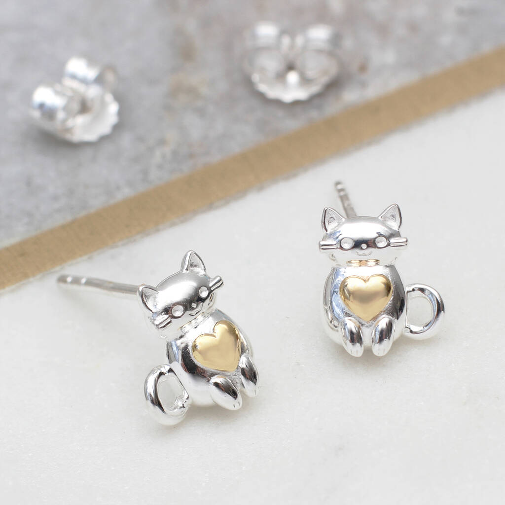 Sterling Silver And 18ct Gold Cat Earrings, 1 of 6