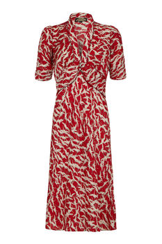 1940s Style Party Dress In Ruby Stork Print Crepe, 2 of 3