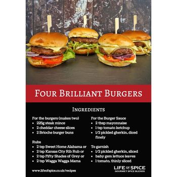 Brilliant With Burgers! Four BBQ Rubs Gift Set with Recipe Cards, 5 of 11