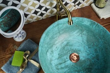 Handmade Solid Copper Blue Patina Sink, 400 Mm Diameter, 2 of 3