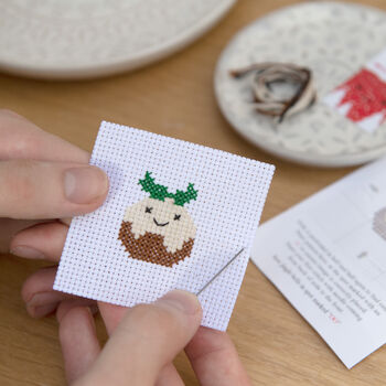 Kawaii Christmas Pudding Mini Cross Stitch Kit, 9 of 12