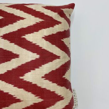 Square Ikat Silk Cushion Red Zigzag, 7 of 8