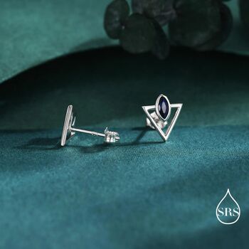 Sterling Silver Triangle And Sapphire Blue Marquise Cz Arrow Stud Earrings, 5 of 12