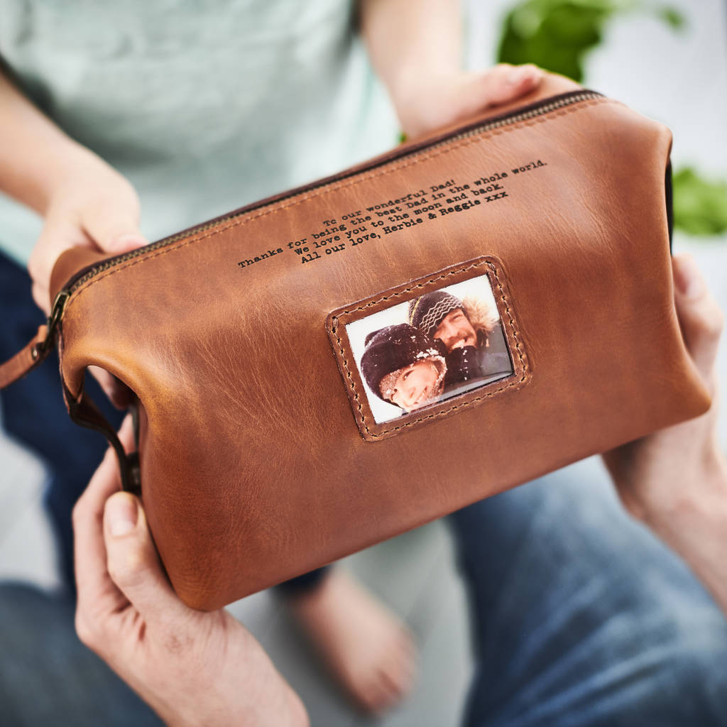Personalised Leather Wash Bag With Metal Photo By Vida Vida Personalised Leather Wash Bag With Metal Photo By Vida Vida