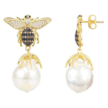 Honey Bee Pearl Drop Earring Gold Plated Silver, 3 of 4