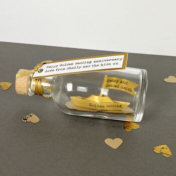 Personalised Gold Paper Ship In A Bottle – Golden Anniversary Gift, 6 of 12