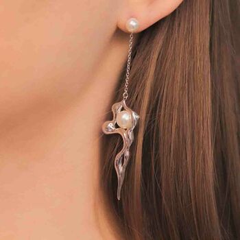 Flow Asymmetric Gold Plated Pearl Long Earrings, 4 of 6