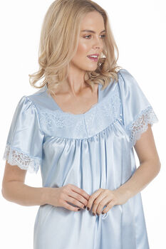 British Made Pale Blue Short Sleeved Satin Nightdress With Lace Detail Ladies Size 8 To 28 UK, 3 of 4