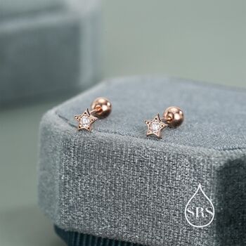 Sterling Silver Cz Star 18g Ball Back Screw Back Earrings, 4 of 11