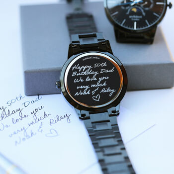 Men's Handwritten Personalised Message Watch In Black, 2 of 5